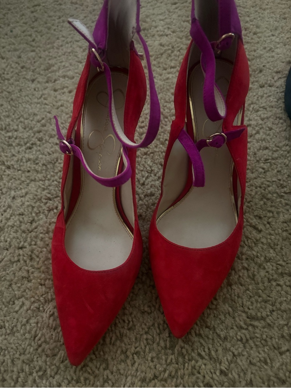 Jessica Simpson Red Pointed Heels with Purple Ankle Straps - Picture 2 of 4